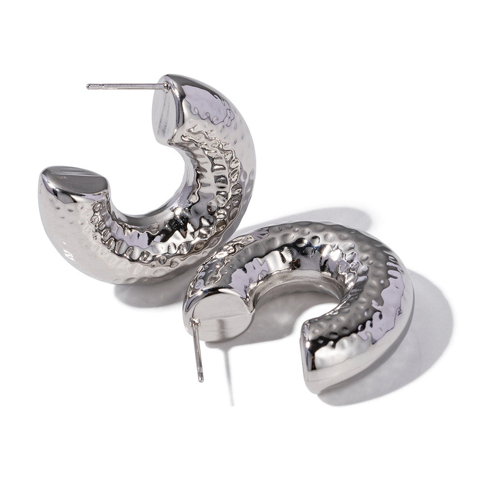 Hammer Pattern Geometric Earrings - Silver Stainless Steel