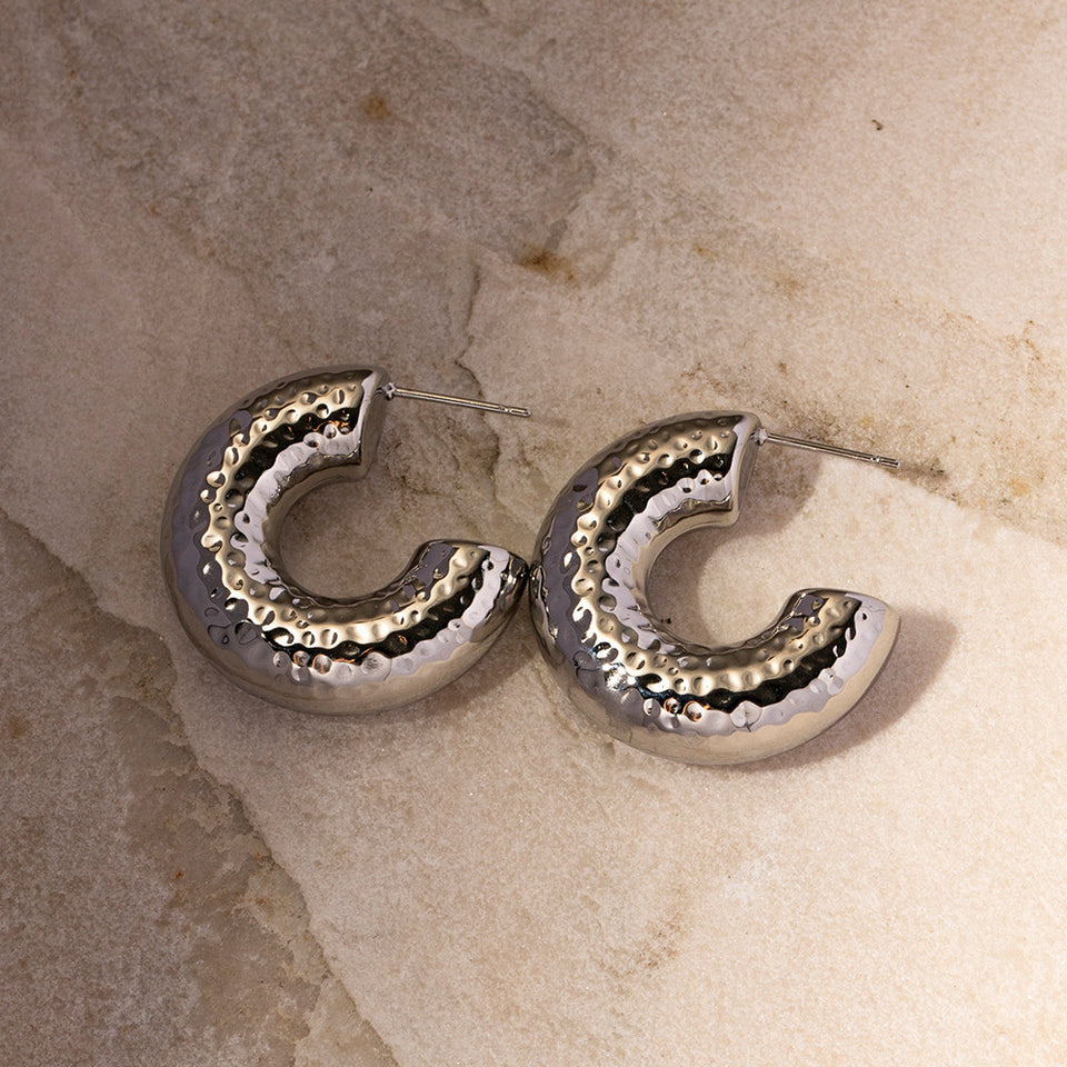 Hammer Pattern Geometric Earrings - Silver Stainless Steel