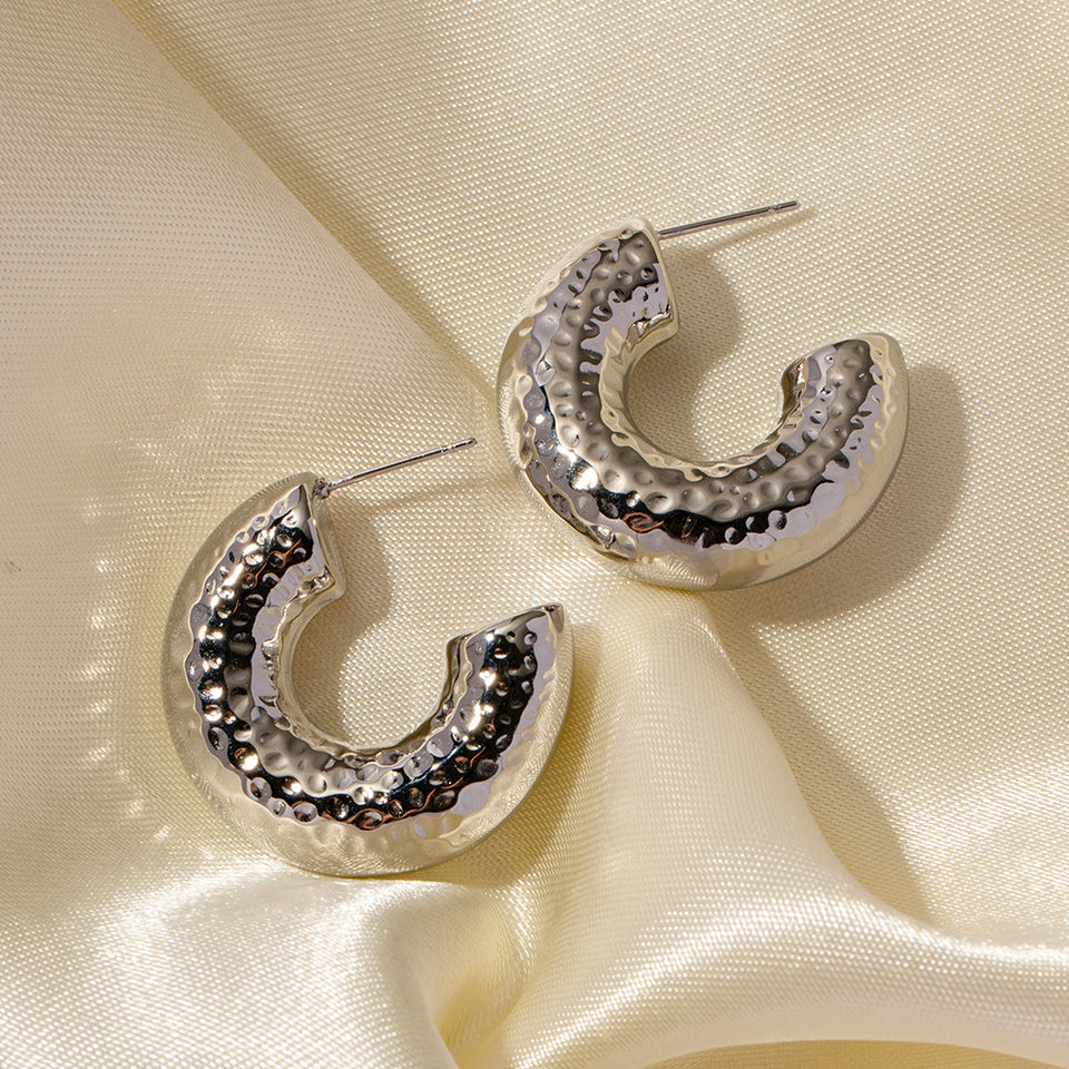 Hammer Pattern Geometric Earrings - Silver Stainless Steel