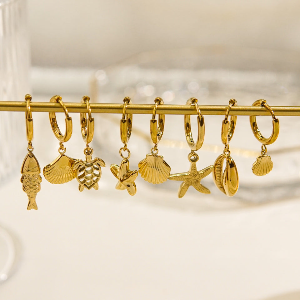 Single Tropical Summer Marine Pendant Earrings - Stainless Steel 14K Gold