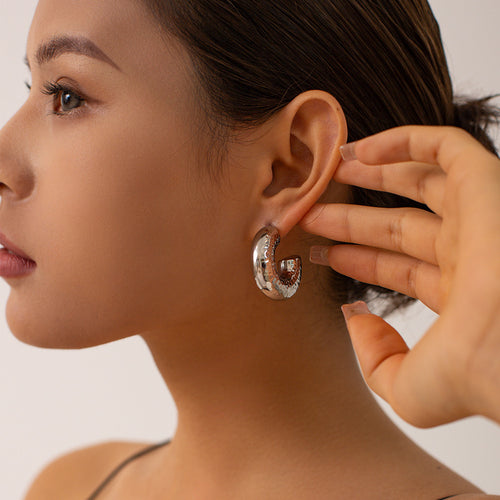 Hammer Pattern Geometric Earrings - Silver Stainless Steel