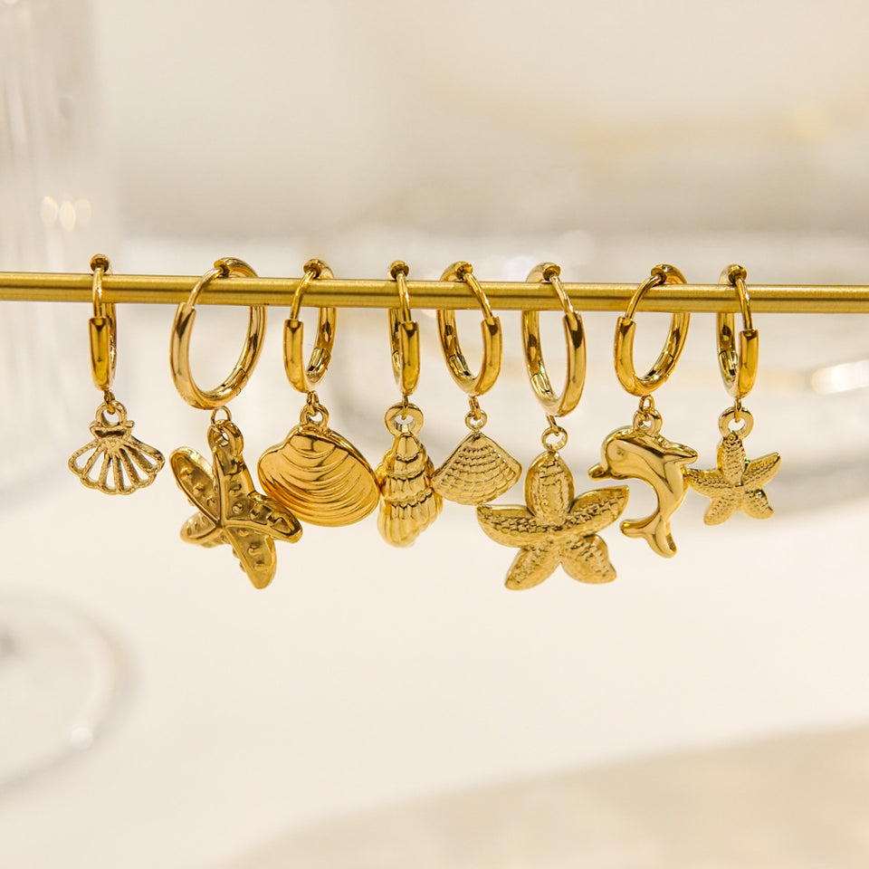 Single Tropical Summer Marine Pendant Earrings - Stainless Steel 14K Gold