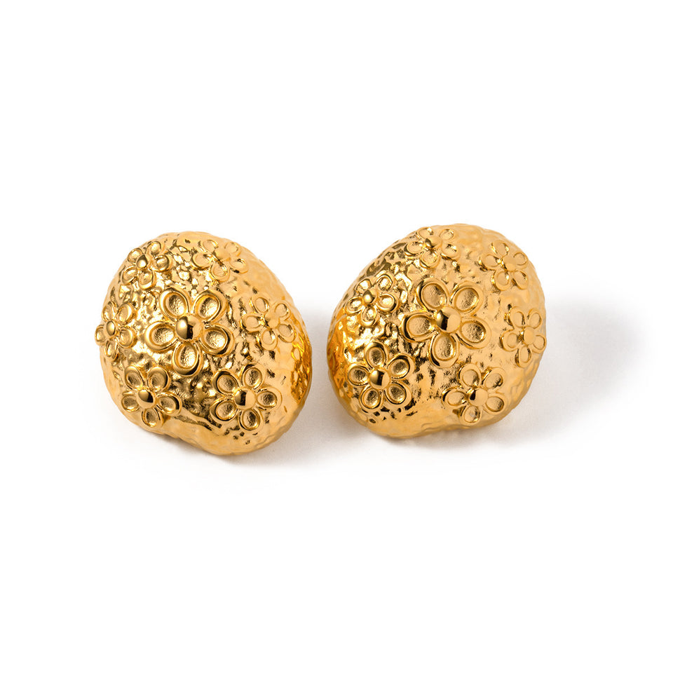 Hammer Patterned Flower Earrings - Gold Stainless Steel