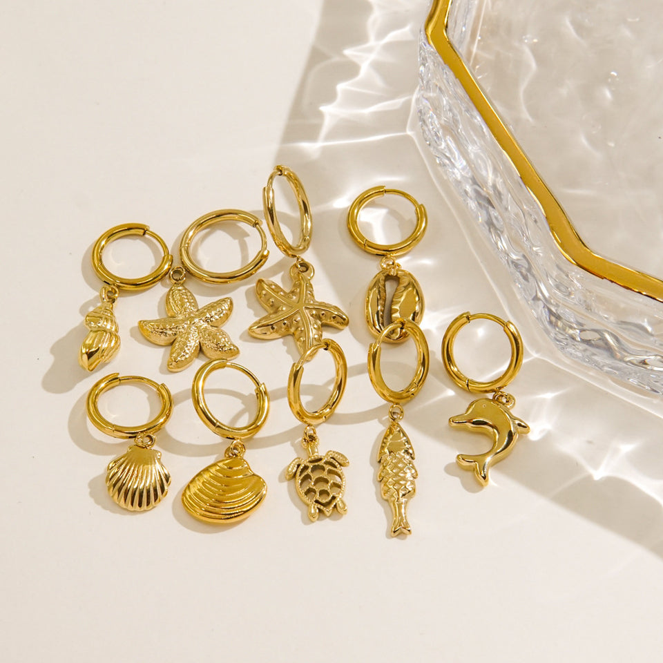 Single Tropical Summer Marine Pendant Earrings - Stainless Steel 14K Gold