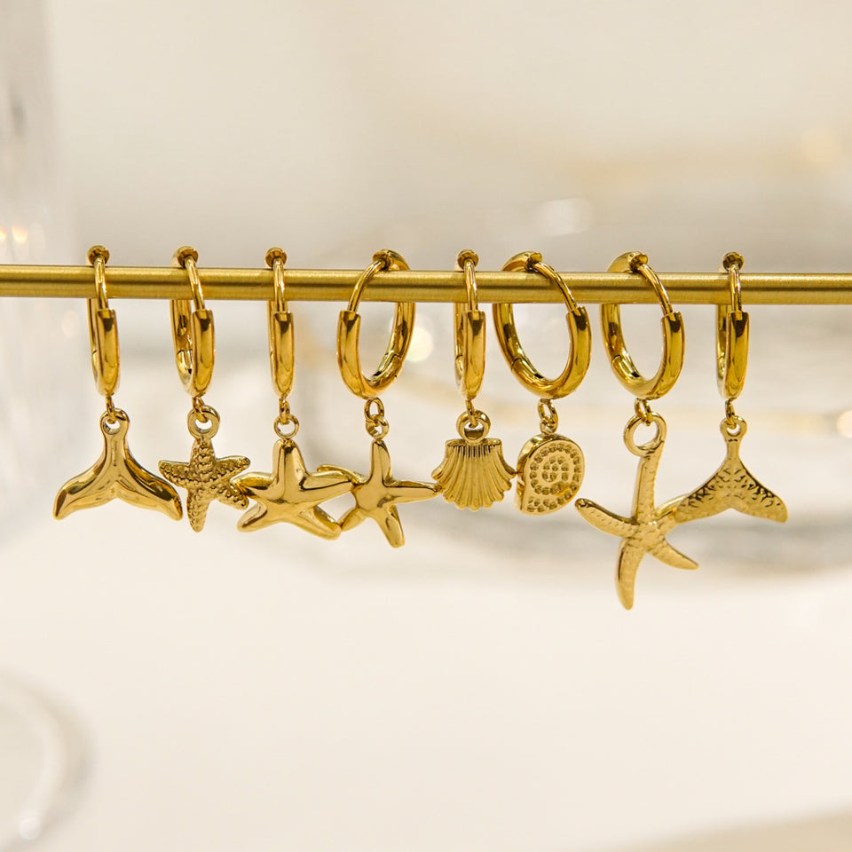 Single Tropical Summer Marine Pendant Earrings - Stainless Steel 14K Gold