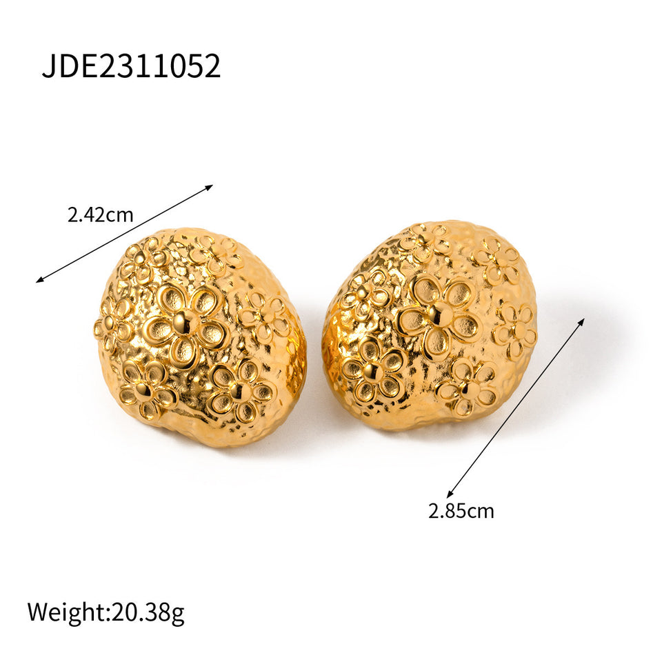 Hammer Patterned Flower Earrings - Gold Stainless Steel