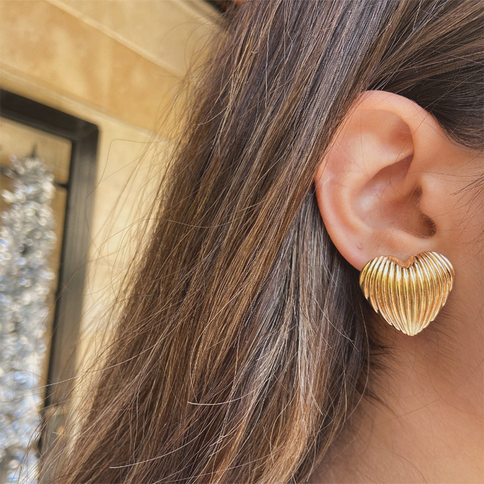 Stripe Love Heart Earrings - 18K Gold Stainless Steel