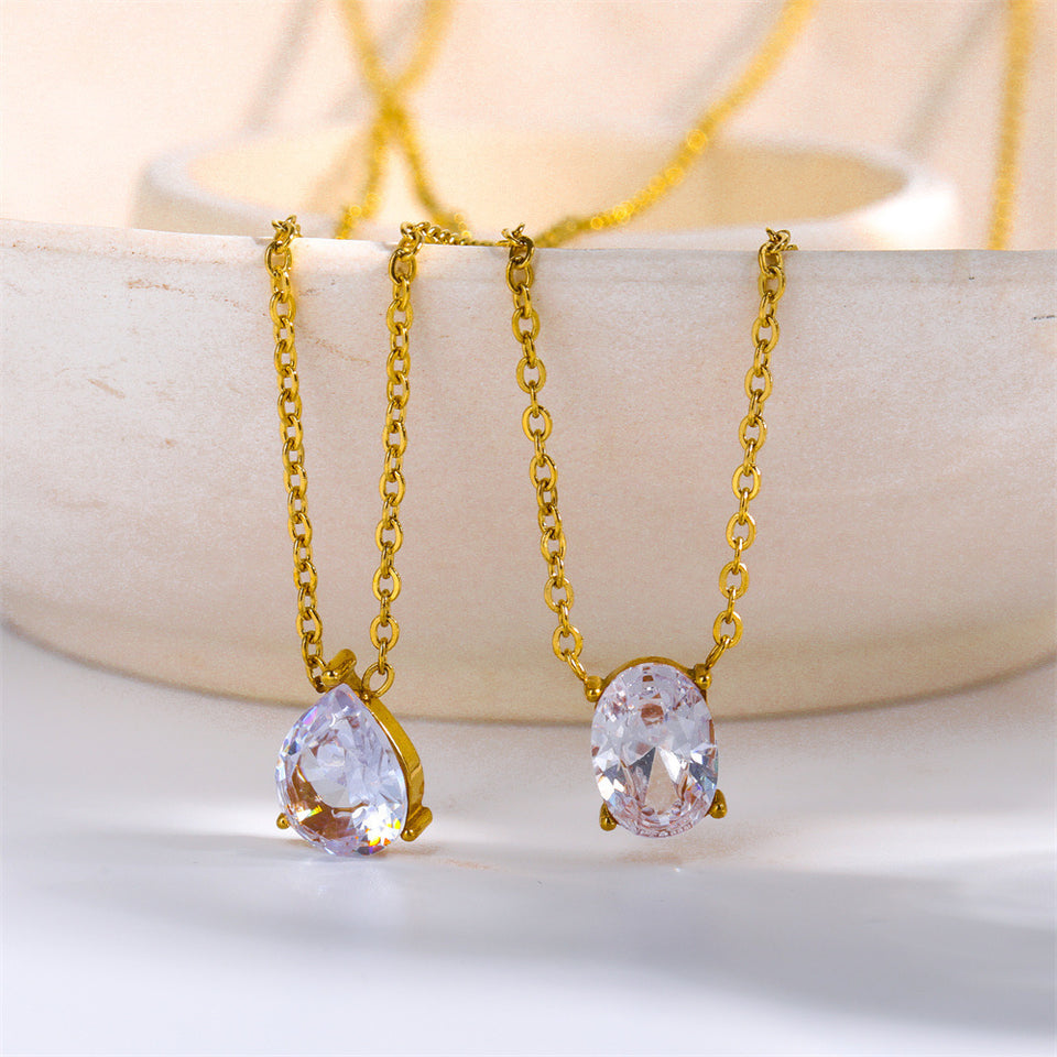 Oval Zircon or Round Zircon Pendant Necklace